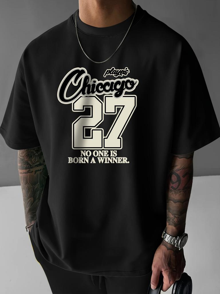 CHICAGO 27 Print, Men's Short Sleeve Round Collar Street Style T-shirt For Summer & Spring
