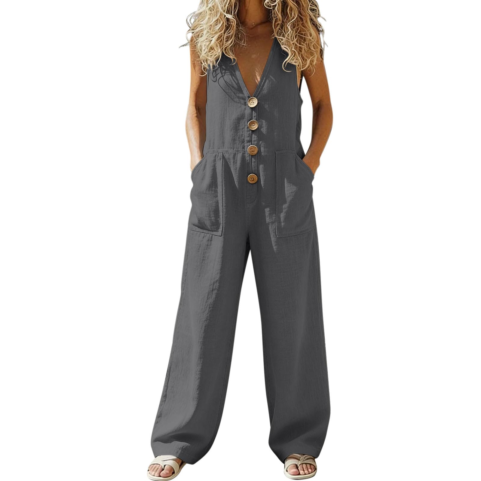 

Women Button Down Sleeveless Rompers Wide Legs Cotton Linen Rompers With Pocket L