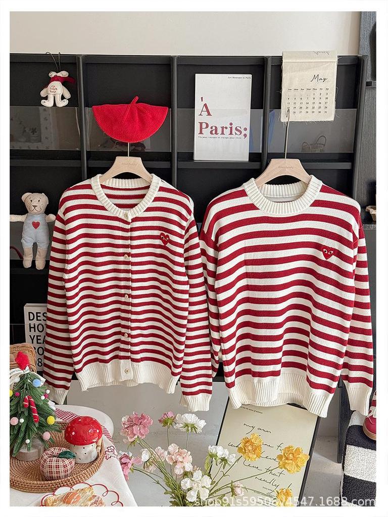 Korean Heart Stripe Family Sweater Set - Baby Romper & Knit Cardigan for Autumn/Winter