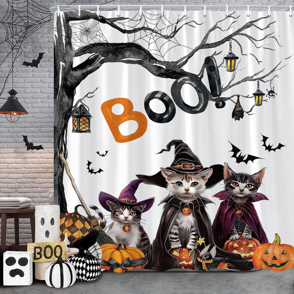 Funny Cat Halloween Shower Curtain Pumpkin Spider Animal Holiday Gift Polyester Curtains Bathroom Decor Hooks For Made Of