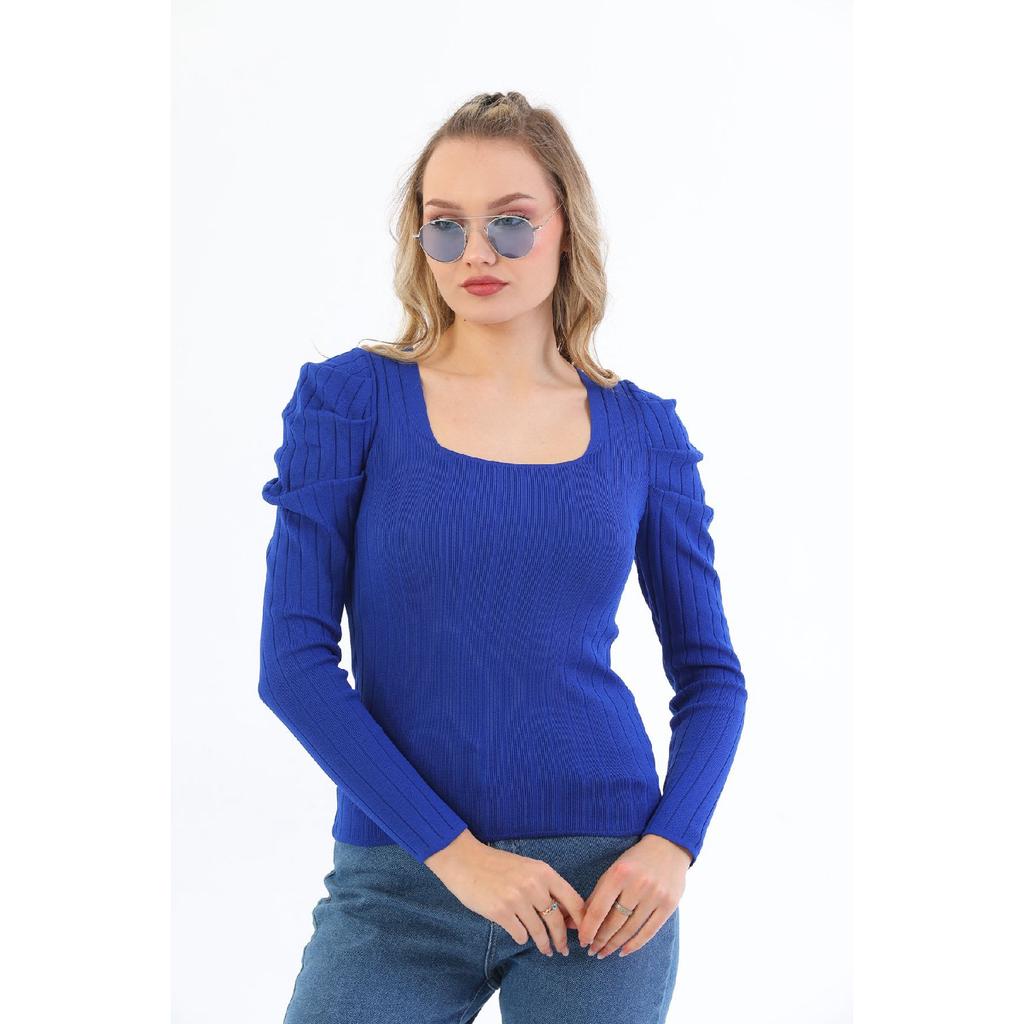 Women's Red Sleeve Pleated Gathered Princess Sleeve Square Collar Blouse Sweater