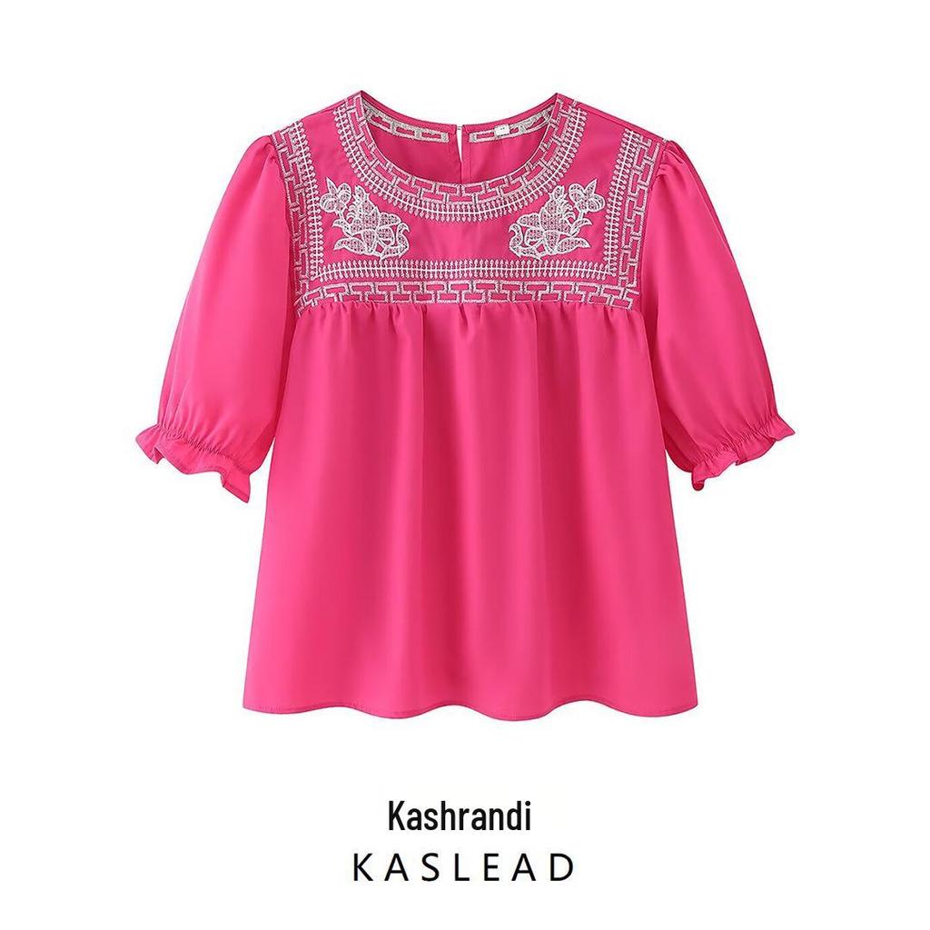 Cămașă de damă cu mânecă scurtă brodată în stil european și american pentru primăvara 2025