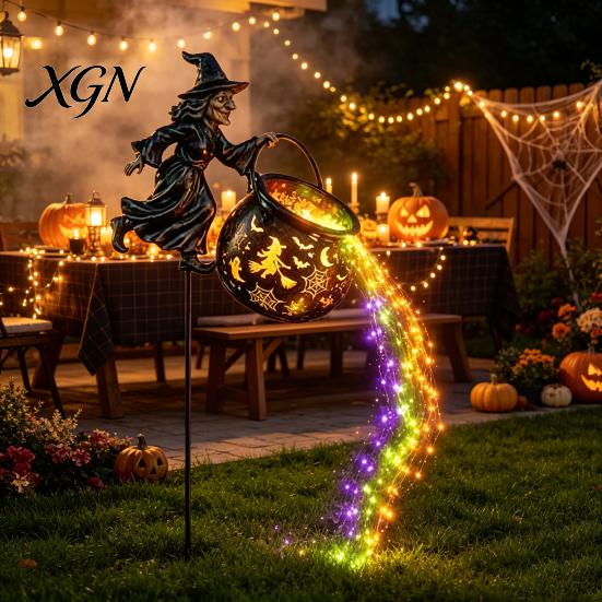 Garden Ornaments for Outside Decor Halloween Witch Stake Light Outdoor Decoration, 33.5 Inch Waterfall-Style Iron Stakes Lawn Cauldron