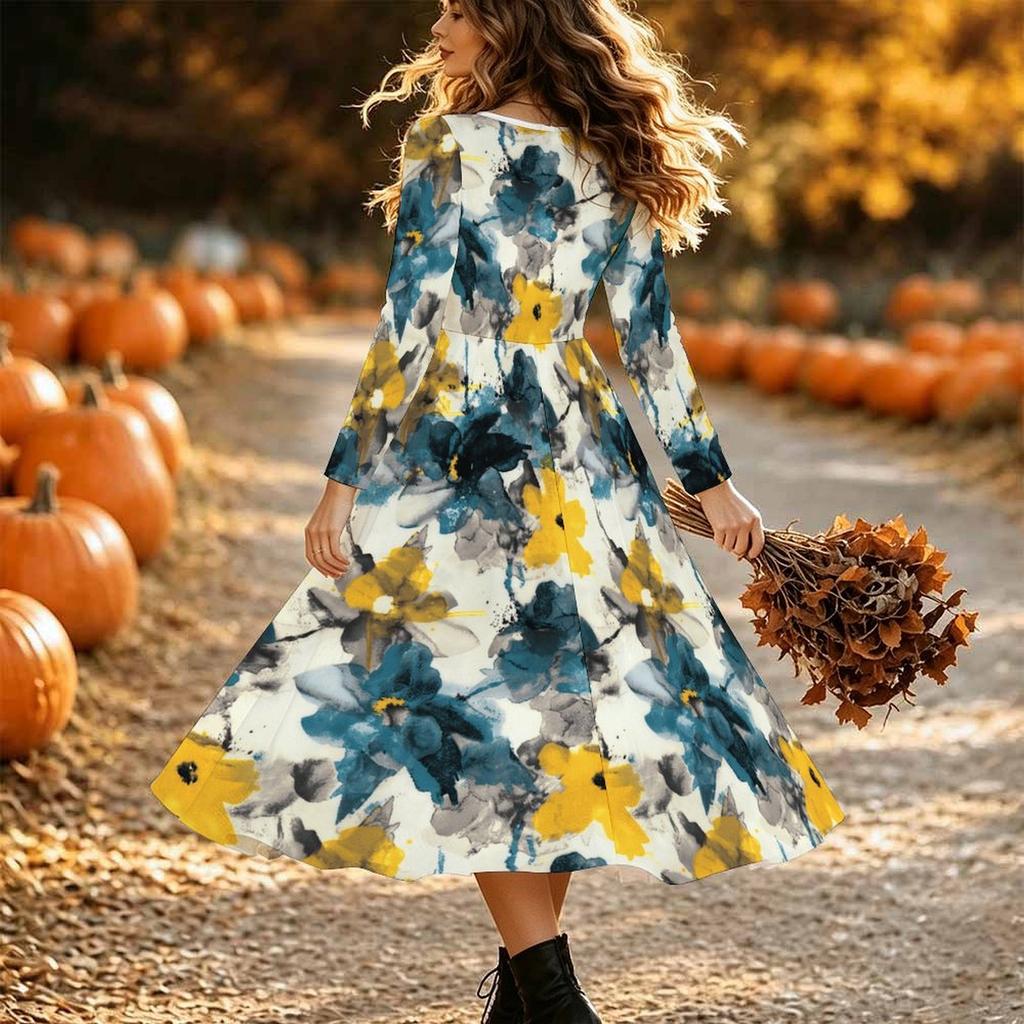 Halloween Women's Floral Pattern Print Midi Dress A Line Dress Vacation Casual Daily Regular Fit Long Sleeve V Neck Black Spring Fall