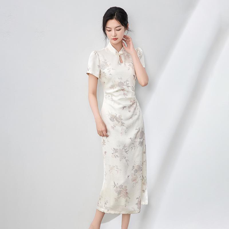 Women's Summer Pearl Frog Button Qipao Dress - New Chinese Style Print with Stand Collar
