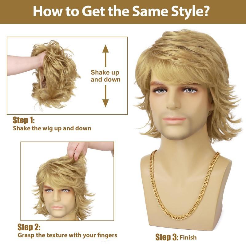 Mens Short Wig Golden Curly Hair Side Bangs Synthetic Daily Wear