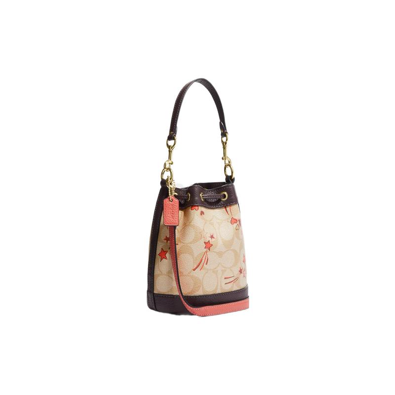 Coach Shoulder Bag Bucket 16 Letter Logo Nameplate Heart Print Drawstring Classic Jacquard Leather Bucket Handbag Small Women's Beige and Dark Brown