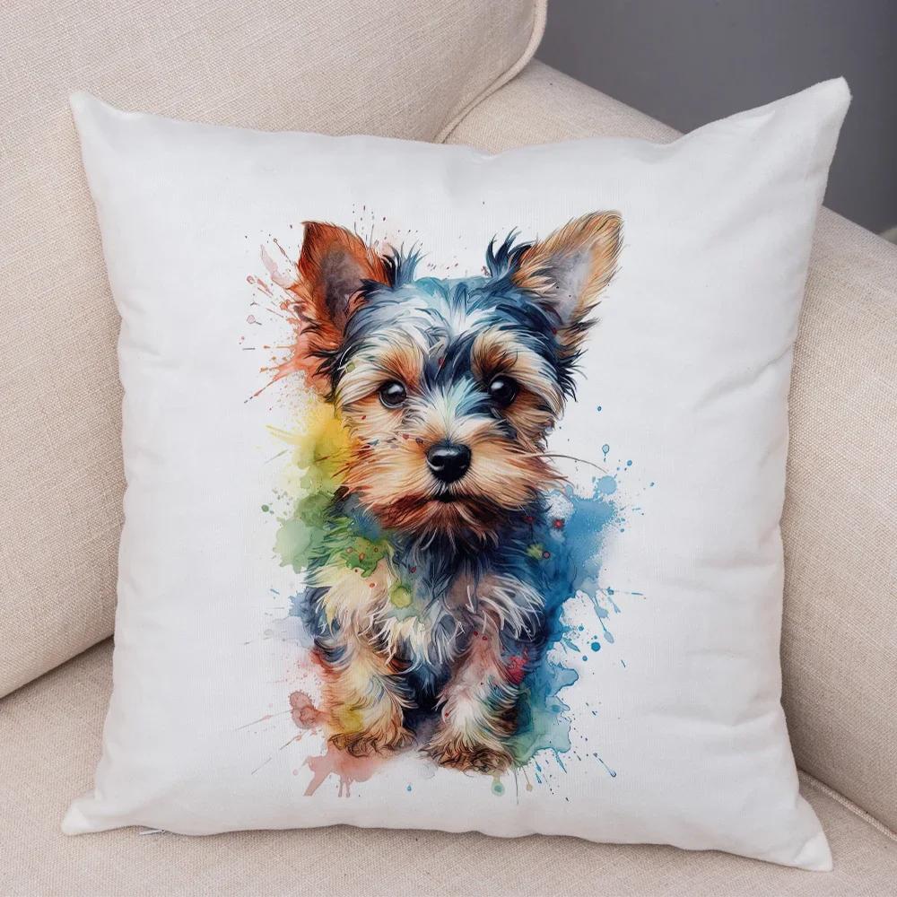 Super Cute Watercolor Dog Throw Pillow Cover With Short Plush Print For Living Room Sofa Decoration Cushion Cover Pillow Covers