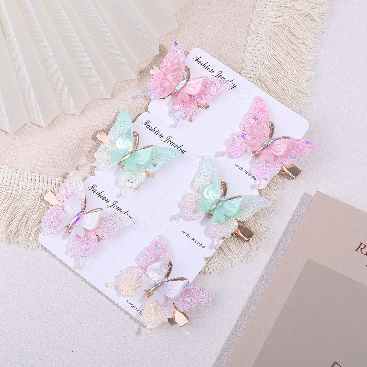 

6Pcs Double Butterfly Hairpin Girls Cute Color Gradual Change Color Butterfly Edge Clip Duck Bill Clip Suitable for Daily
