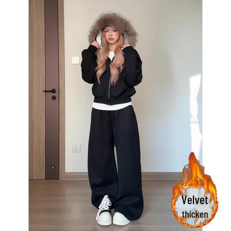 Women's Korean Style Velvet Fur Hooded Sweatshirt & Wide Leg Pants Set - Autumn/Winter Fashion