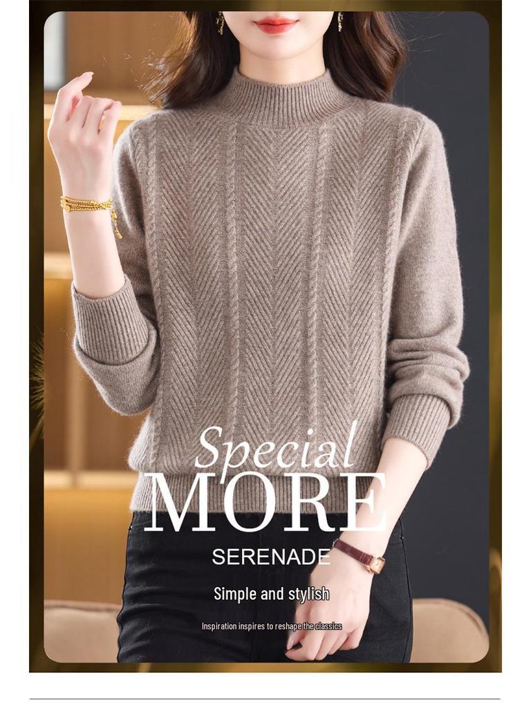 Women's Pure Wool Sweater - Thick Knit, Half-High Collar, Autumn/Winter Style for Middle-Aged & Elderly.
