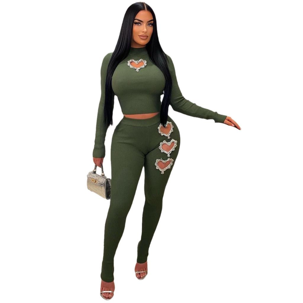 Two Piece Sets Wome Sexy Solid Pant Set Turtleneck Full Sleeve Slim Fit Tops Hollow Out High Waist Long Pants Sheath