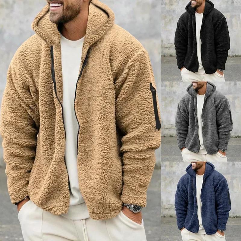 Jacket Men's Winter Jacket Fall Winter Double-sided Fleece Warm Jacket Loose Hooded Casual Jacket Comfortable Fabric