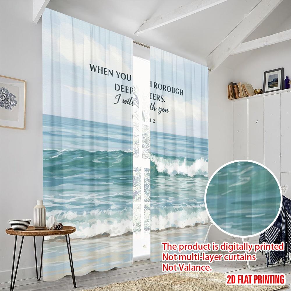 2pcs 2D flat printing Curtain Ocean Waves Bible Verse 100% Polyester Fabric Without Electricity All Season Party & Holiday Decor