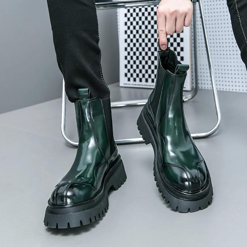 Neue Chelsea Boots für Herren Grün Schwarz Lackleder Runde Zehen Slip-On Schuhe für Männer mit Größe 38-44 Stiefeletten