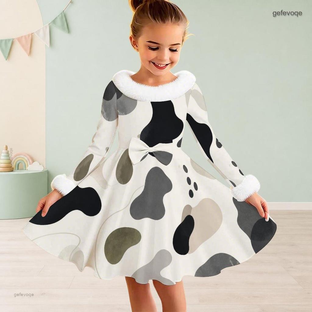 Girls Off White Printed Long Sleeve Fur Collar Bow A Line Flared Dress