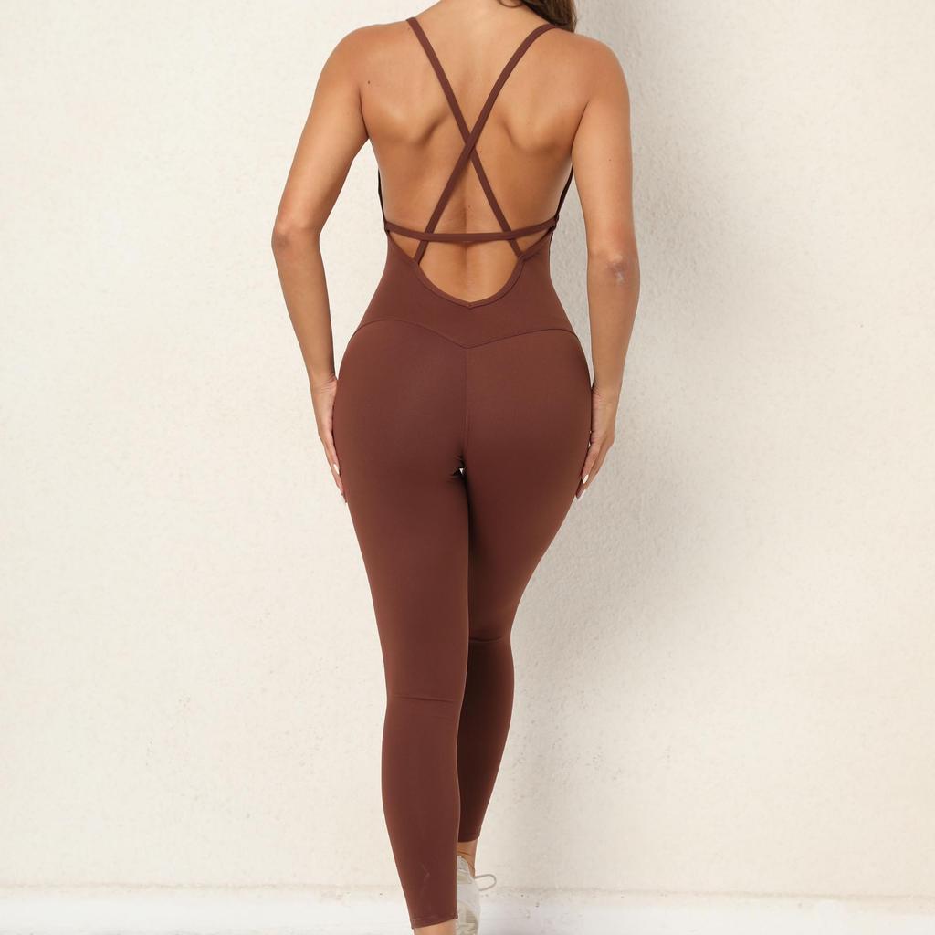 Europäischer & Amerikanischer V-Ausschnitt Rückenfreier Yoga Jumpsuit - Enganliegende Sport- & Fitnessbekleidung für Damen