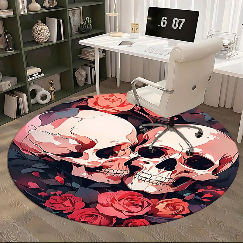 1pc Skulls & Roses Round Carpet Anime Design Office Chair Mat, Non Slip Rug for Home Decor, Gift, Office, Living Room, Bedroom