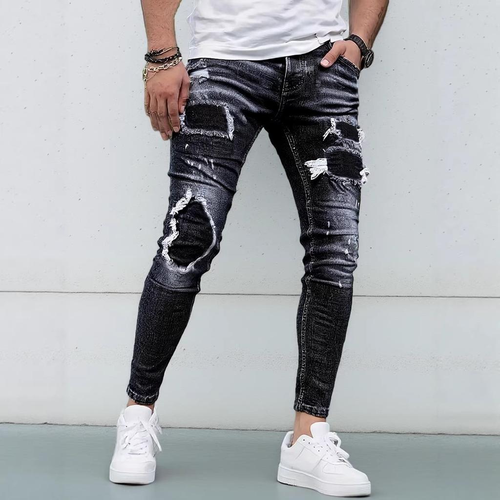Foreign Heavy Industry Ripped Jeans Men'S Blue Slim-Fitting Elastic Pants Tide