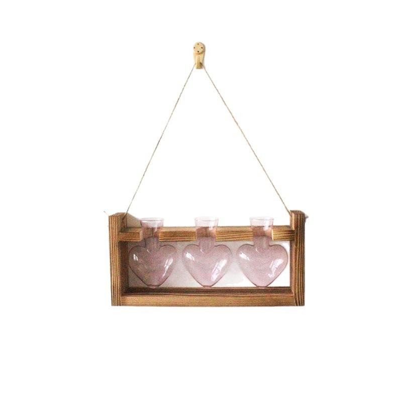 Modern Heart Shape Glass Vases Set With Wooden Frame Suitable For Hydroponic Plant Florals Displays And Home Styling