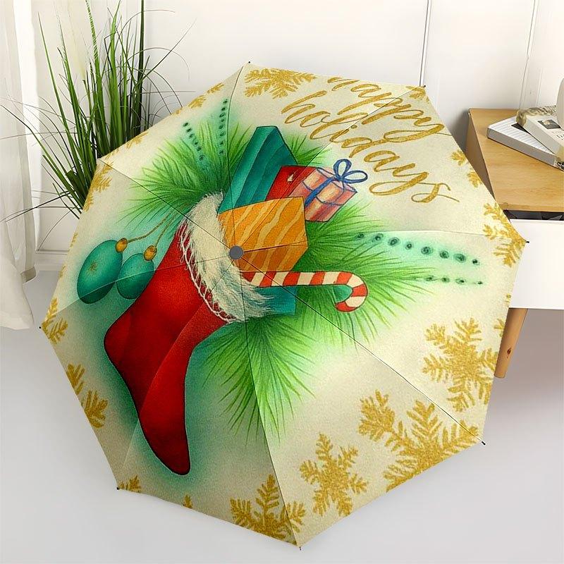 Happy Holidays Christmas Stocking with Presents and OrnamentsUmbrella with Cute Design,Portable 3-Fold Compact Umbrella for Men&Women,Valent