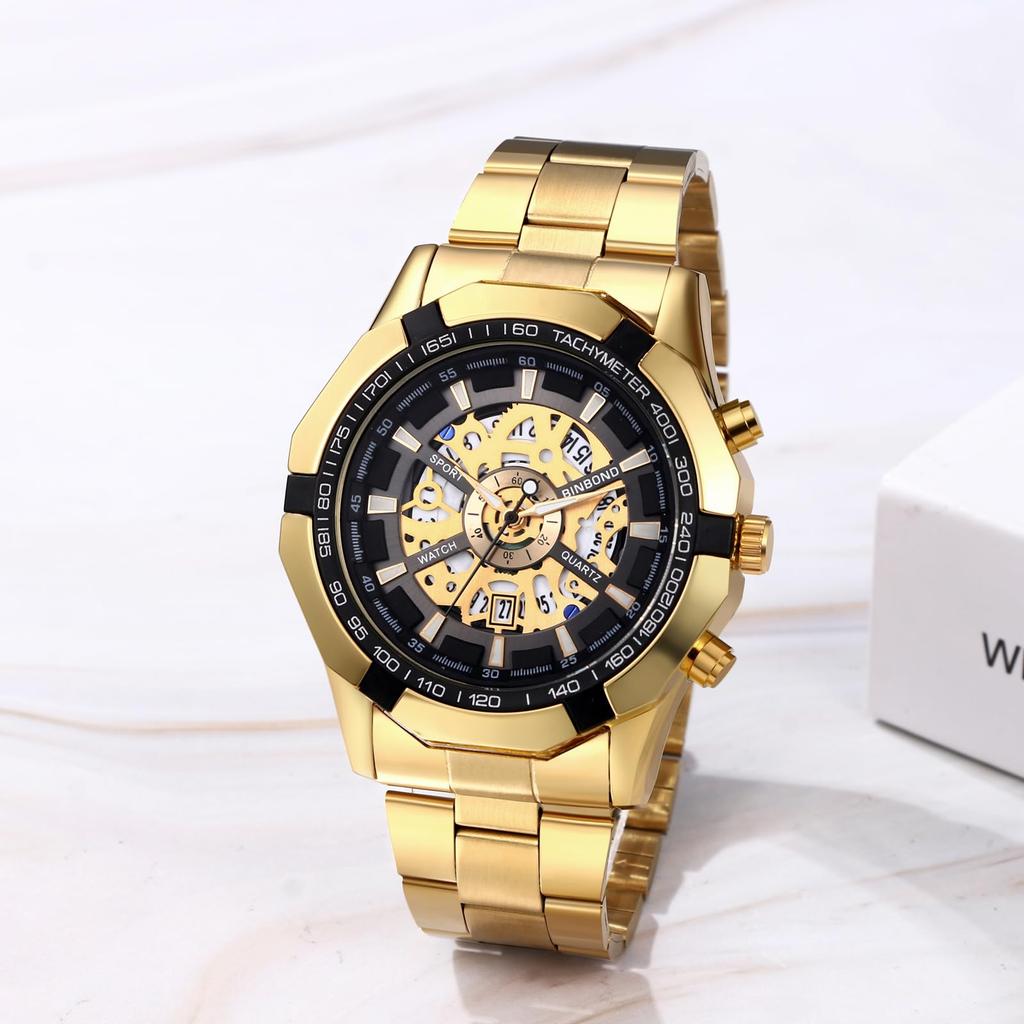 Gold Watch with 3ATM Water Luminous Analog Stainless Stylish Quartz and Gold A Perfect Gift for or Your Boyfriend Men's Calendar, Resistance, Display,
