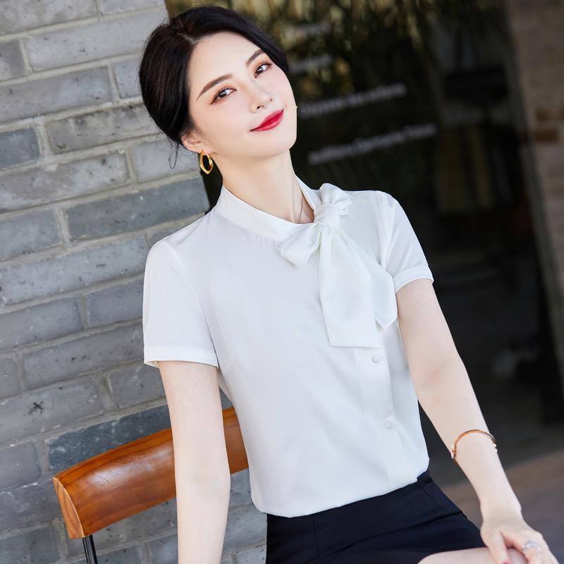 Elegant Women's Short-Sleeve Bow Shirt - Professional White Summer Workwear
