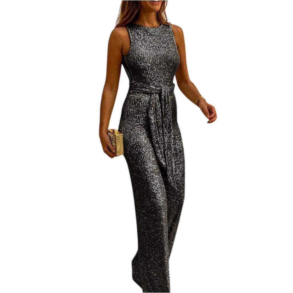 Tuta intera casual da donna senza maniche con paillettes e gamba larga
