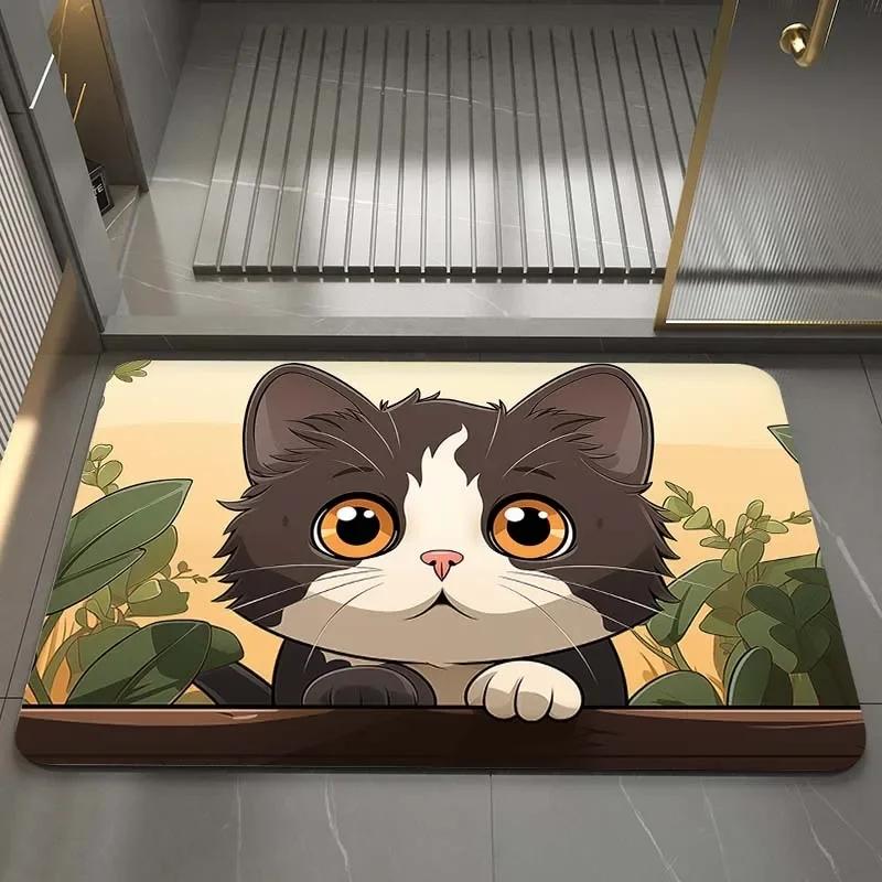 Cute Cat Fast Drying Bathroom Mat Washable Floor Bathroom Door Mat Anti-Slip Soft Shower Room Carpet Rug Living Room Doormat