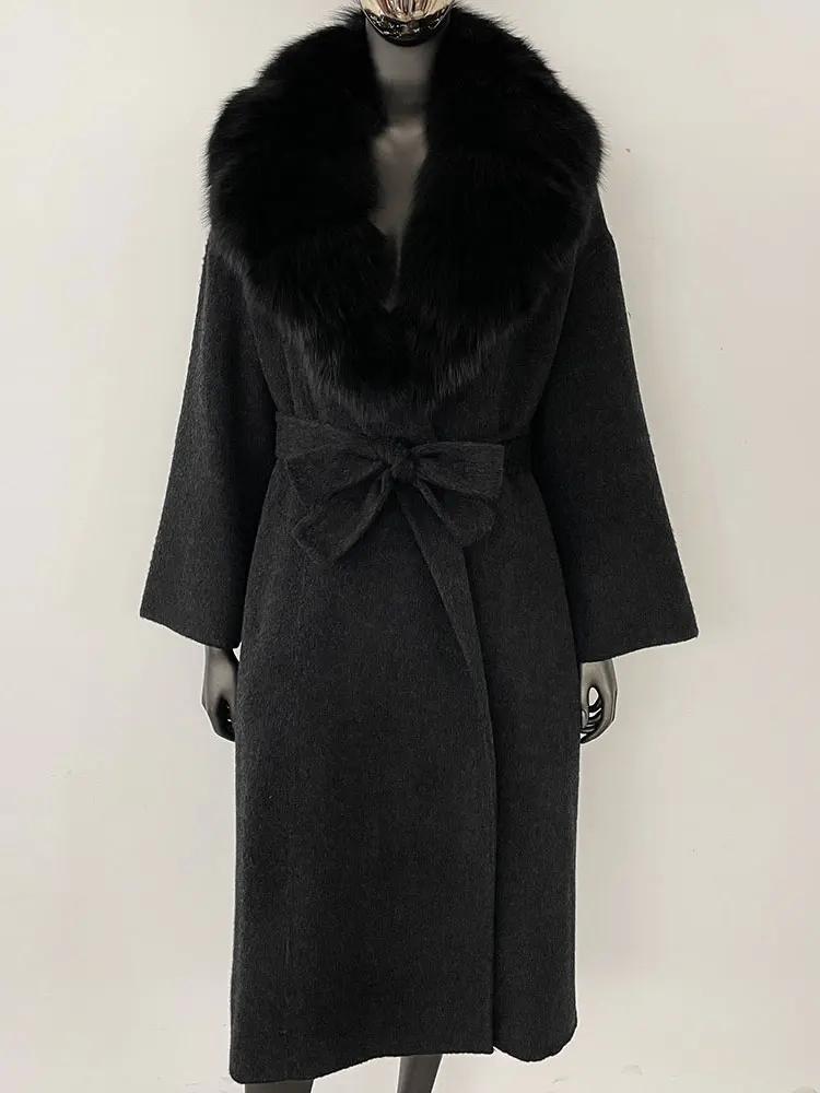 OFTBUY Kabát z pravé kožešiny 2024 Nadměrný dámský svrchní oděv Zimní dámská bunda s límcem z přírodní liščí kožešiny Kapuce Kašmírová vlněná směs Kabát