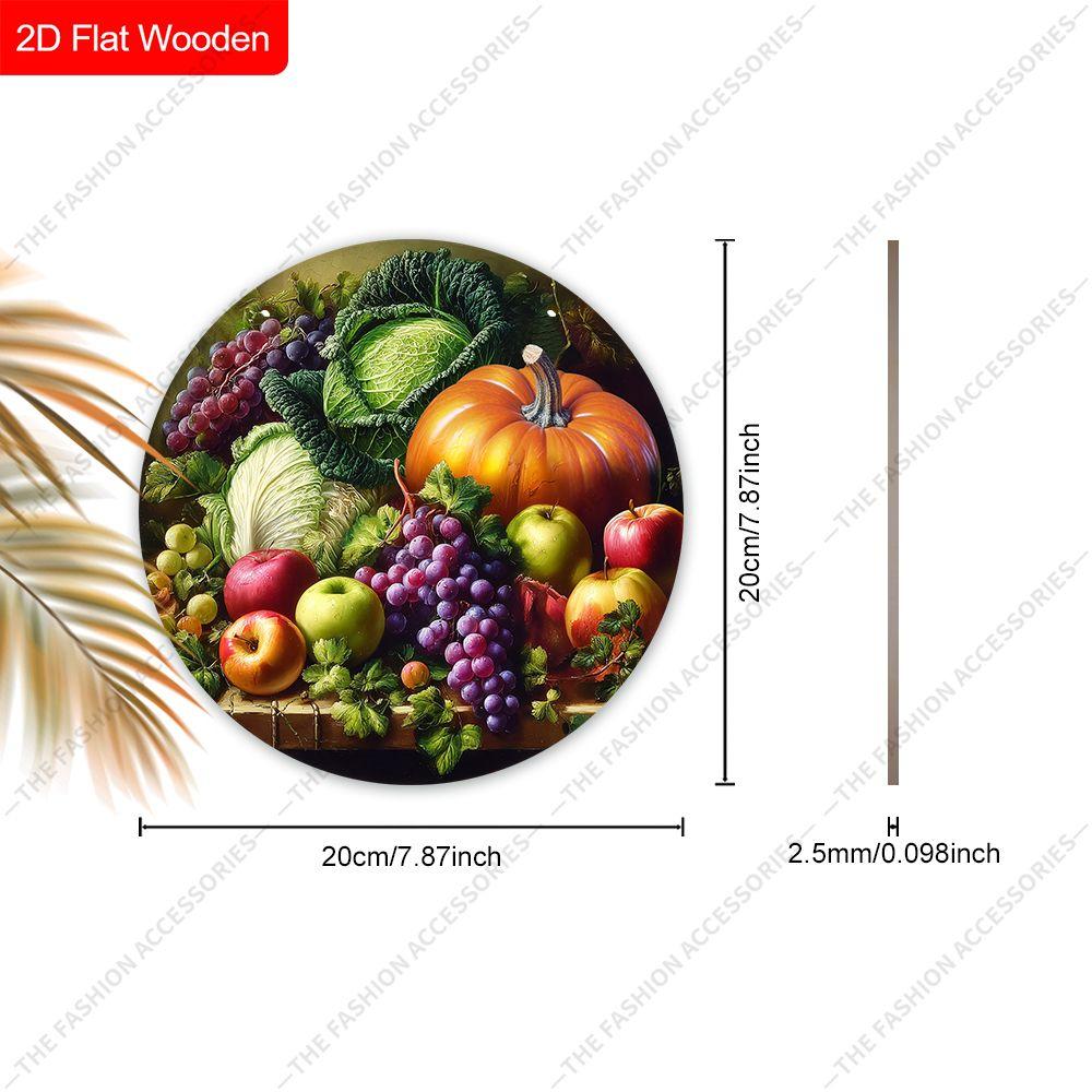 Autumn Fruit Vegetable Harvest Round Wooden Hanging Sign, 2D Flat Printed Farmhouse Wall Decor, Kitchen Door Hanging Ornament Gift