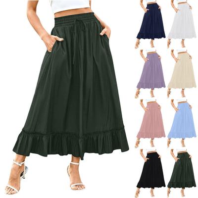 Women's Fashionable And Casual Elastic Waistband Drawstring, Black Fungus Edge Pocket, Solid Color Skirt