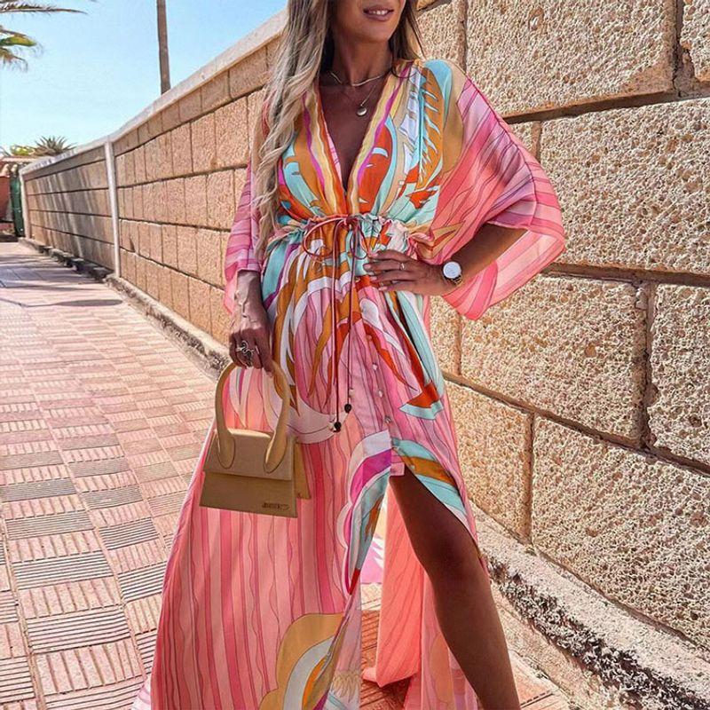 

2023 Женское длинное платье с принтом Ins, шнуровкой и большим подолом Pink XL
