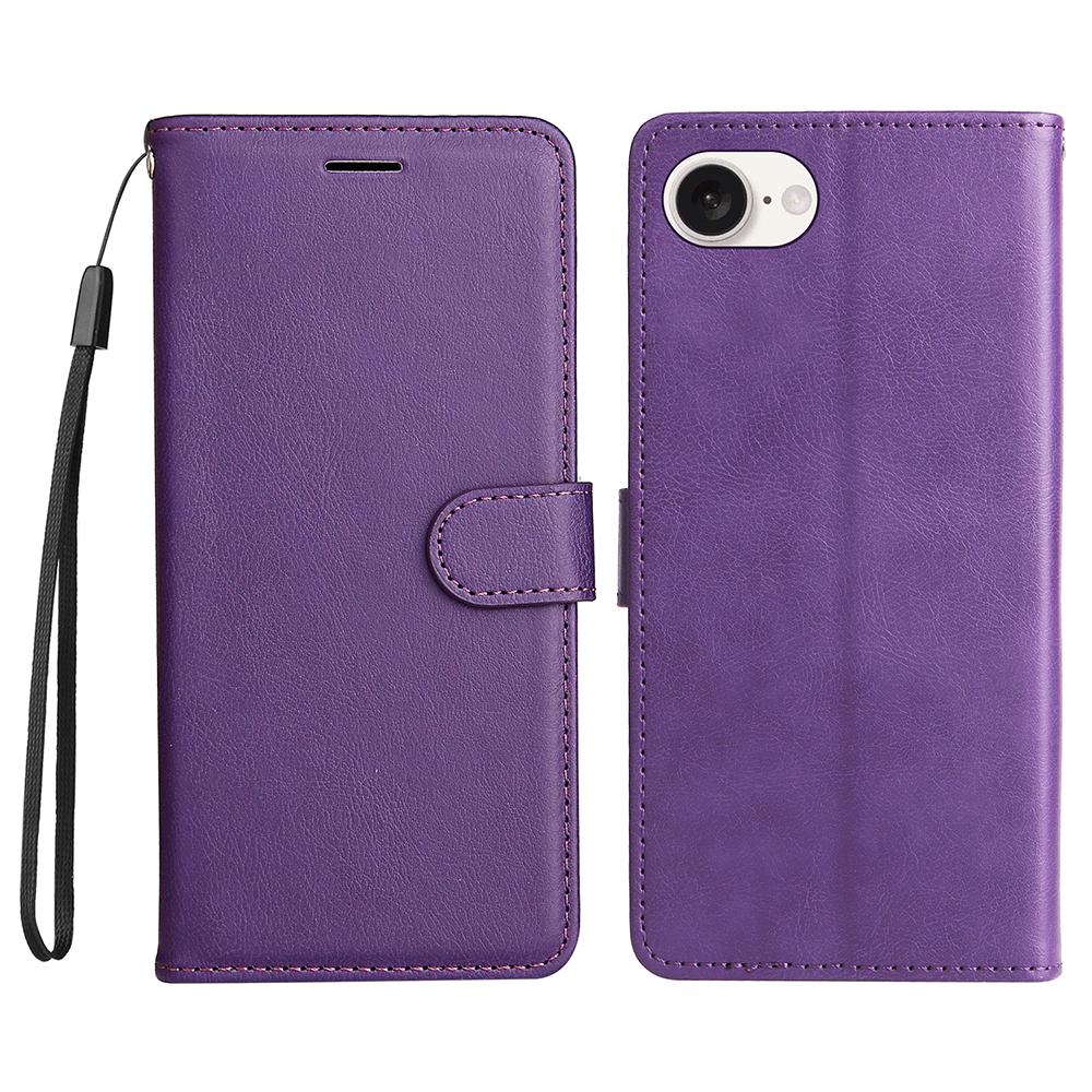 For iPhone 16e Case Solid Color Leather Mobile Cover Wallet Stand with Strap
