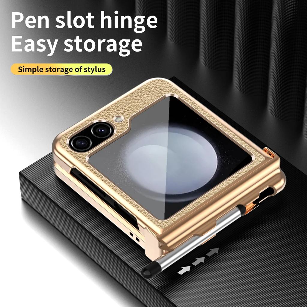 Luxuriöses PU-Leder Hartes PC Galvanisiertes Rahmen 2 Scharnierschutzhülle Für Samsung Galaxy Z Flip 6 5 4 3 5G Hülle mit Touchpen