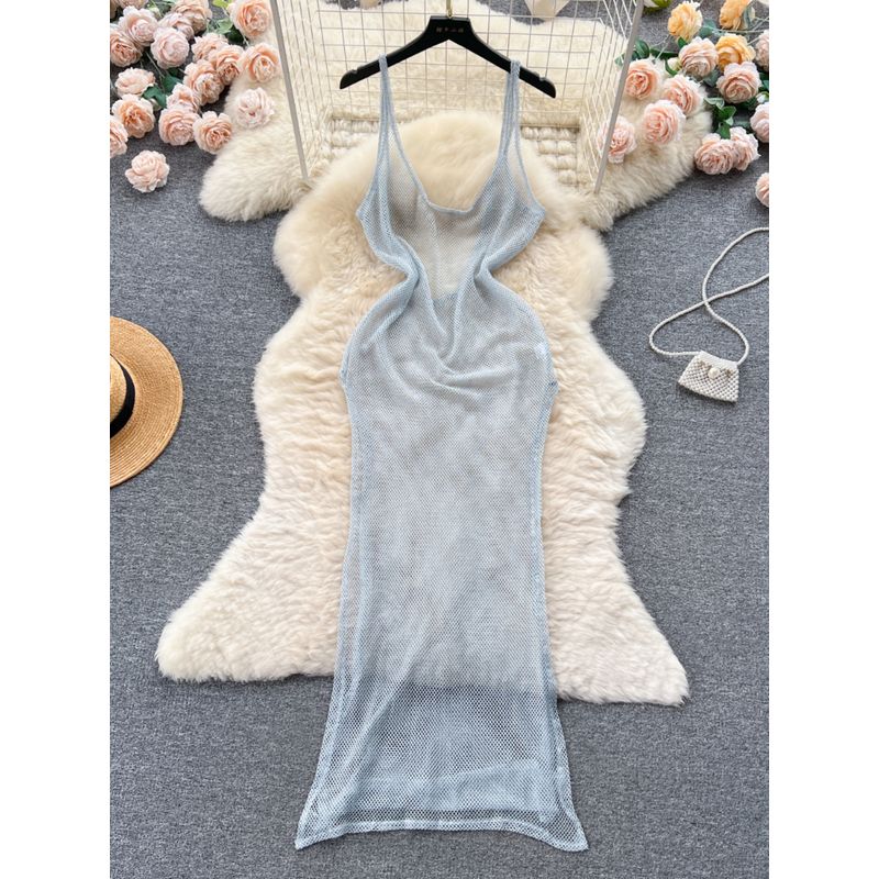 Sexy Stage Nightclub Style See-through Mesh Strap Dress Women's Slim-Fit Slimming outside Wear Split Backless Sexy Dress