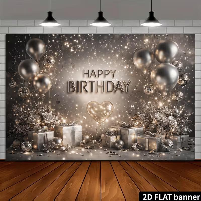 2D Luxury Silver Glitter Happy Birthday Backdrop Banner for Women Birthday Party