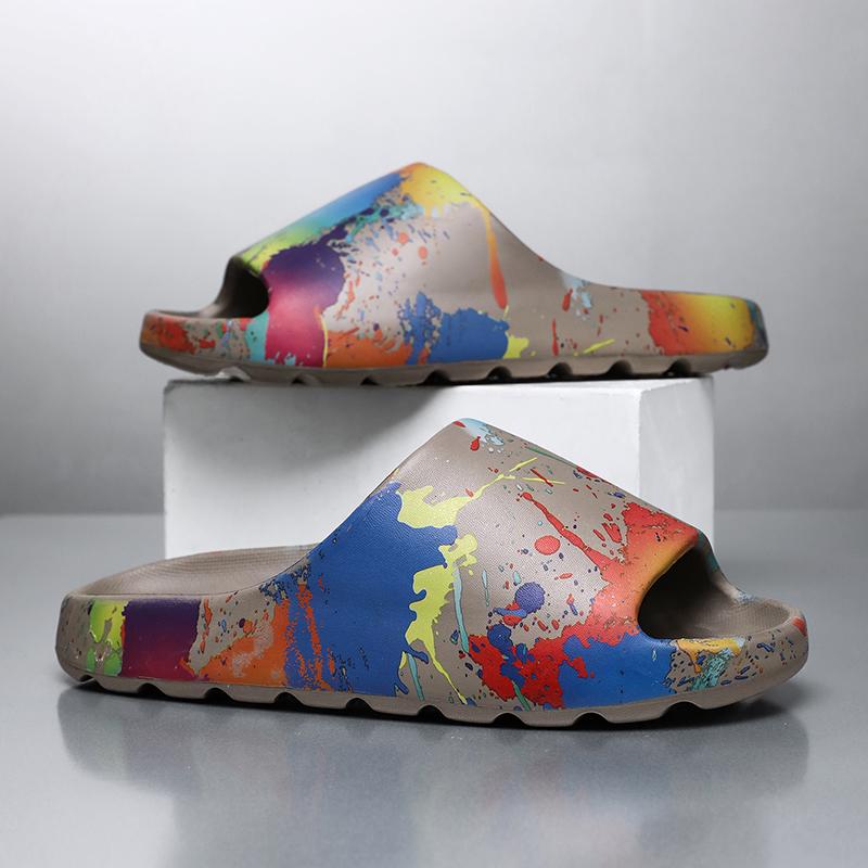 Mens Large Size Painted Thick-Soled Sandal Shoes, New Summertime Style, Anti-Skid Daily Flip-Flops, Beach Slide Shoes