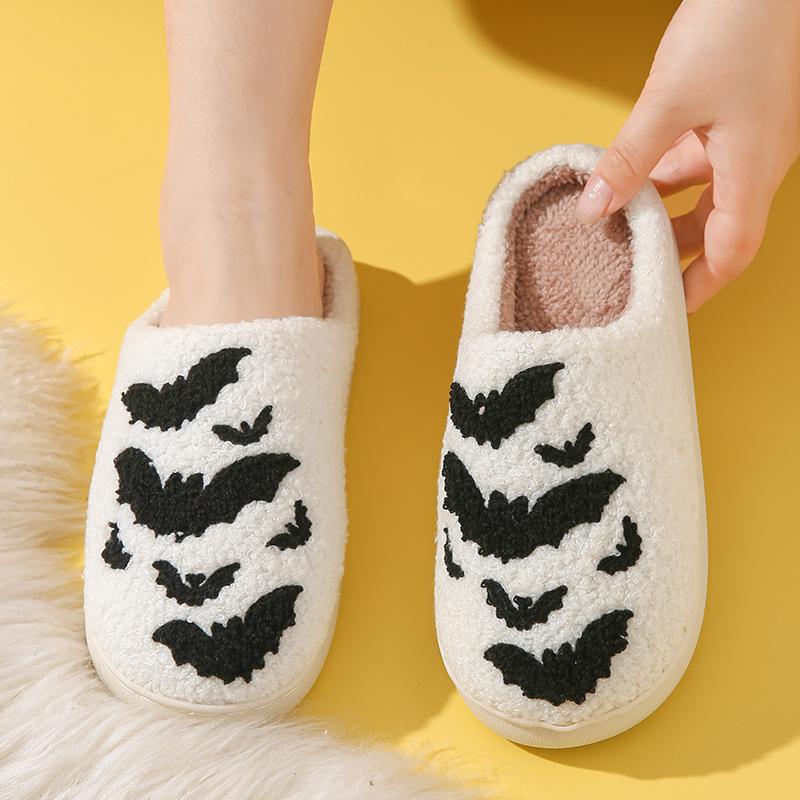 Winter Skull Print Halloween Plush Lined Warm Bag Toe Shoes Plush Home Indoor Cotton Slippers