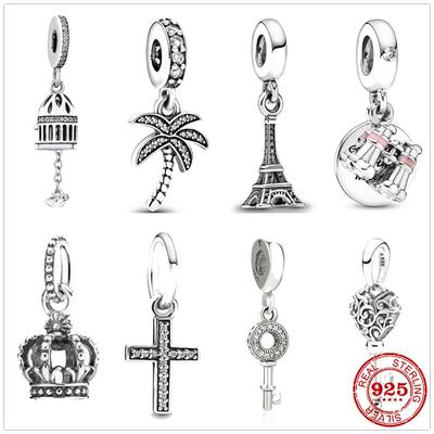 925 Sterling Silver Sparkling Palm Tree Cross Key Birdcage Pendant DIY Fine Beads Fit Original Pendant Charm Bracelet Jewelry