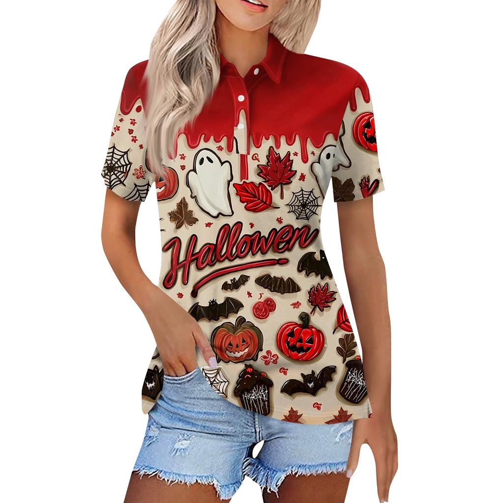 Damenmode Lässig Revers Kurzarm Halloween-Print Hemd Damen Button-Up Oberteile