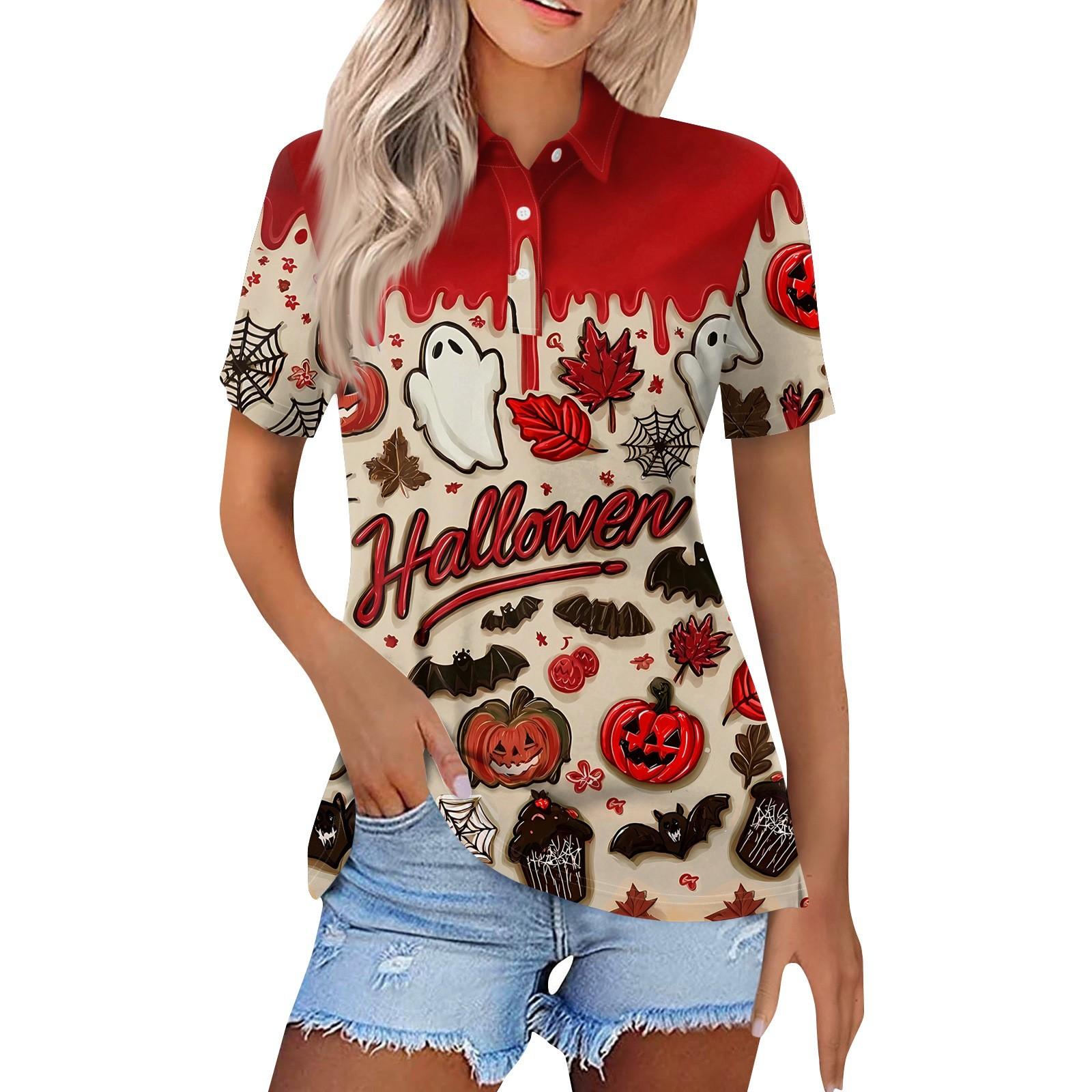 

Женская модная повседневная рубашка с лацканами и короткими рукавами с принтом на Хэллоуин, женские топы на пуговицах S винный