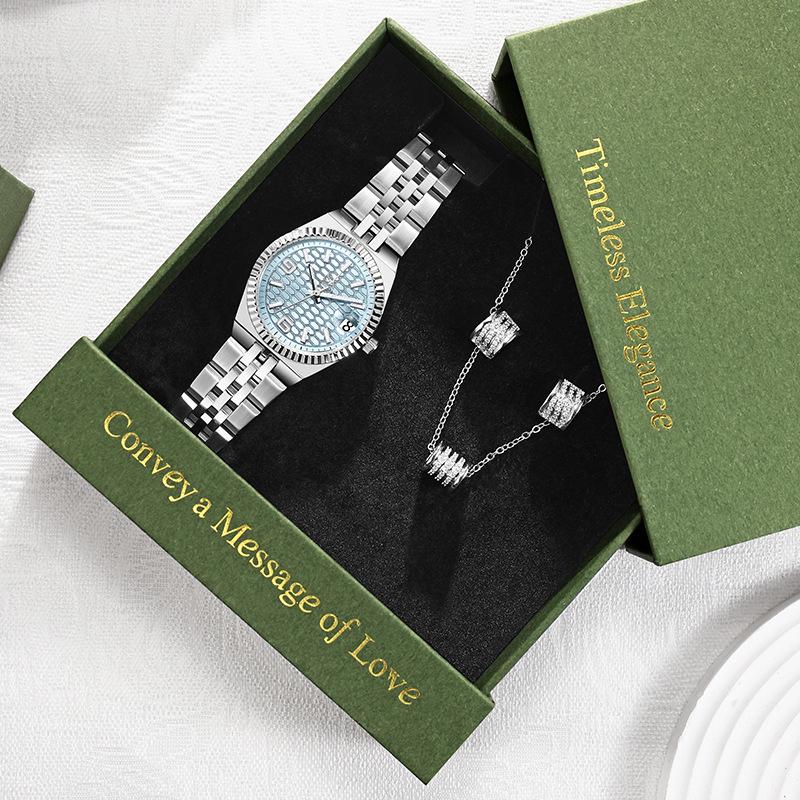 Women's Diamond Watch Set: Elegant Quartz Watch, Necklace & Earrings for Valentine's Day, Gift Box Included