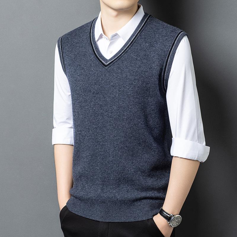 100% Wool V-Neck Knit Sweater Vest - Autumn 2025 Business Casual for Middle-aged Men