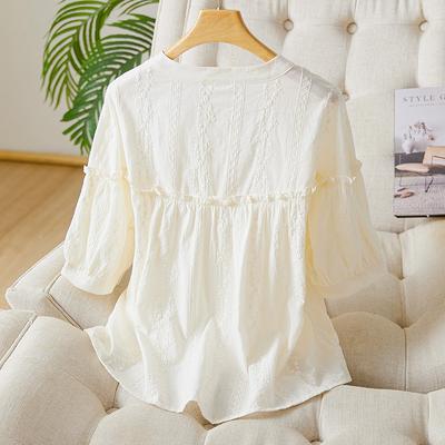 Apricot Embroidered Shirt Women's Short Sleeves Summer New Fungus Edge Round Neck Cotton Embroidered Shirt