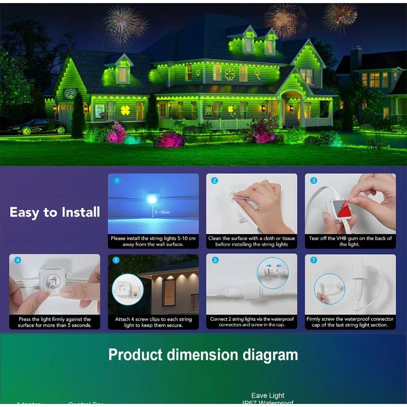 200FT Permanent Outdoor Lights Smart String Lights APP Control Eaves Lights with DIY Scene Mode IP67 Waterproof Christmas Lights