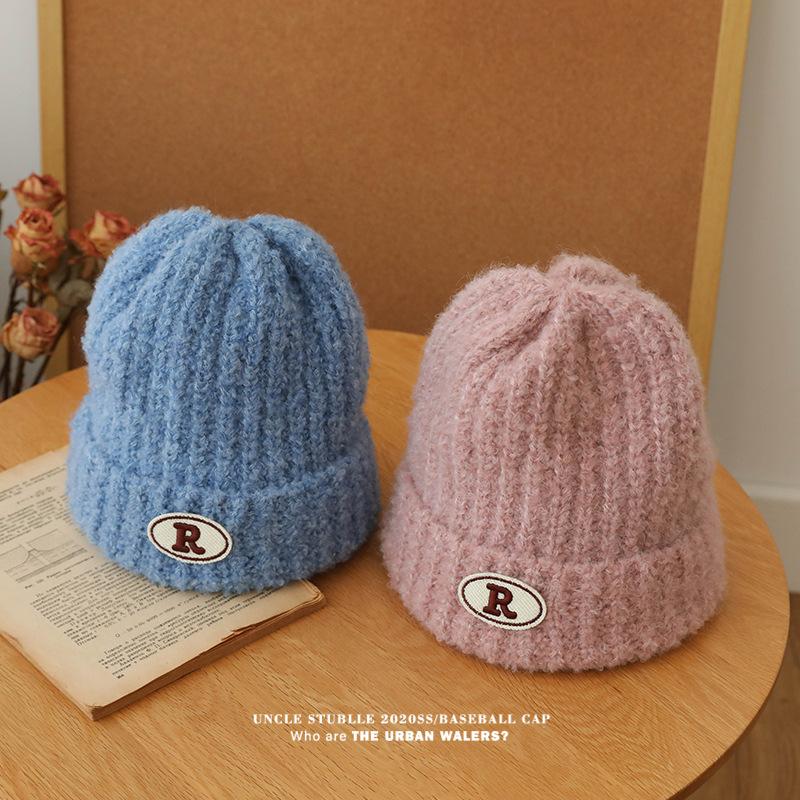 Warm Knitted Hats for Men and Women R Marked Face-showing Small Woolen Hats  Pile Hats for Couples  Outdoor Pullover Cold Hats