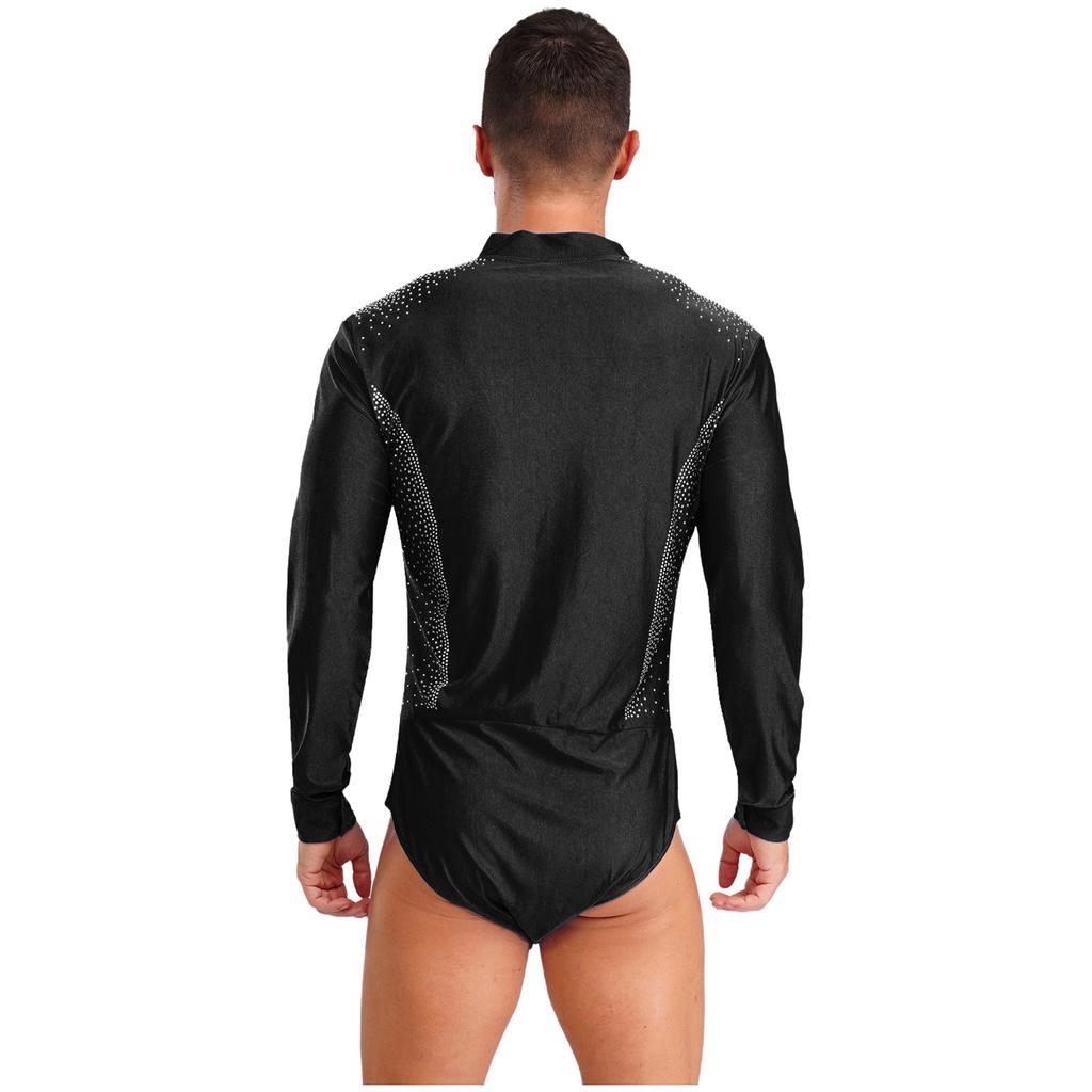 Mens Figure Skating Latin Dance Bodysuit V Neck Long Sleeve Sparkling Rhinestones Stage Performance Leotard