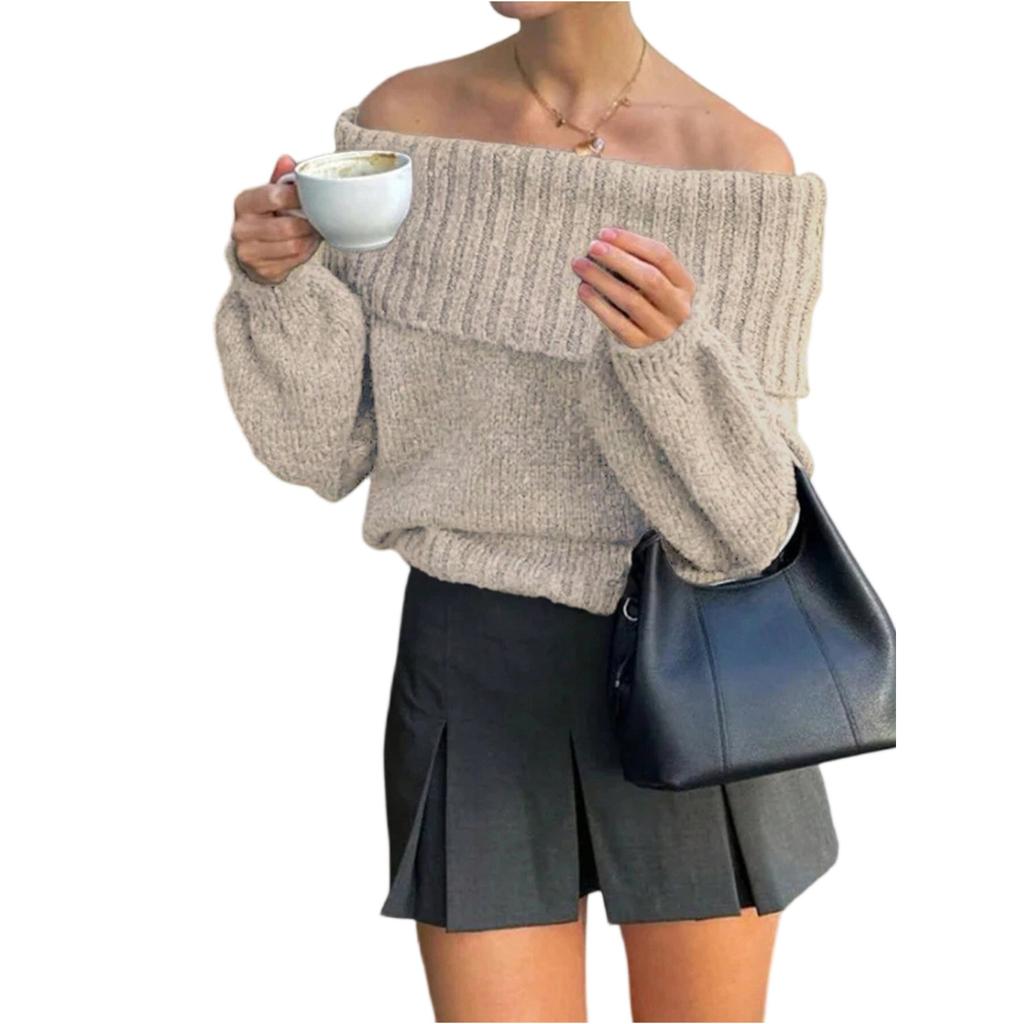 Women's Casual Fashion One-shoulder Solid Color Slim Long-sleeved Knitted Sweater