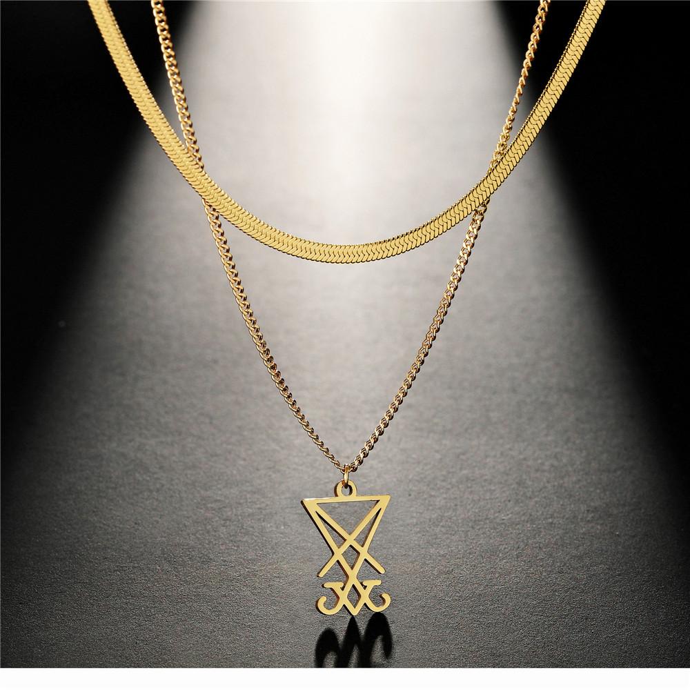 Sigil Of Lucifer Pendant Necklace Stainless Steel Double Layer Snake Chain Amulet Jewelry for Women